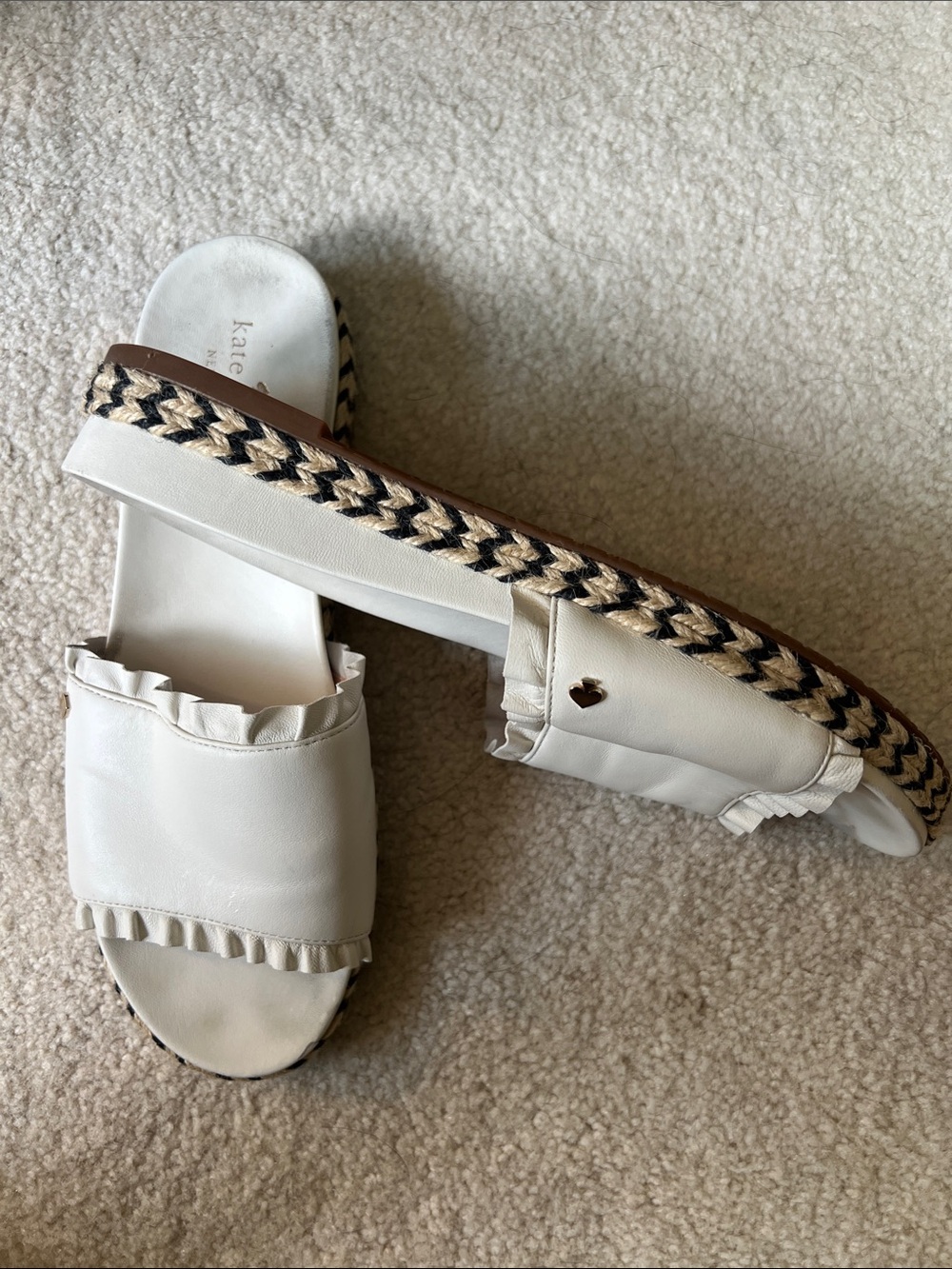 Kate Spade New York White Leather Ruffle Espadrille Slide Sandals 9.5